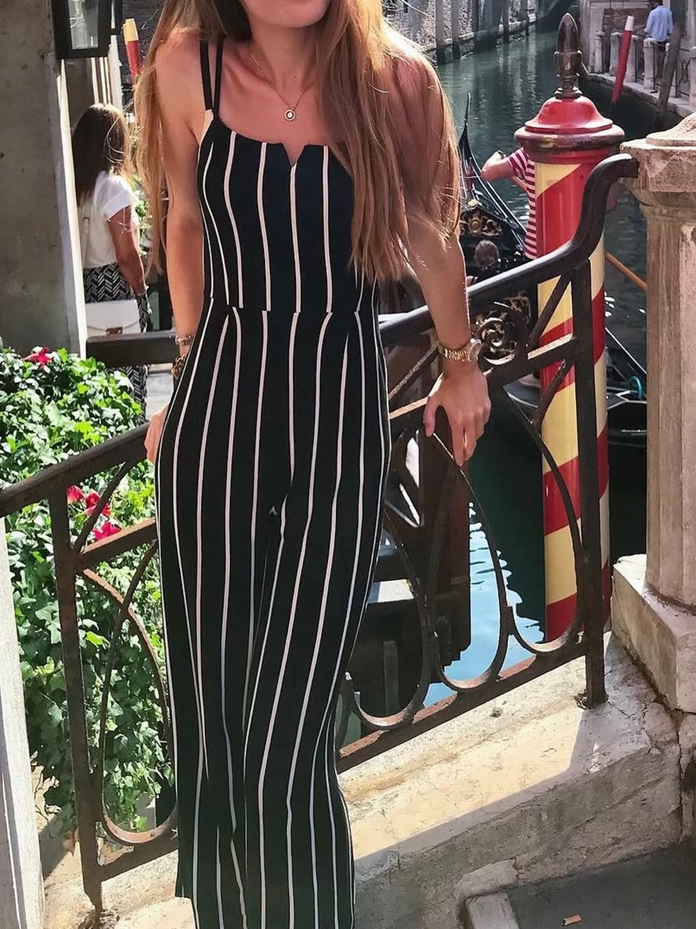 Bershka Black & White Striped Wide-Leg Jumpsuit